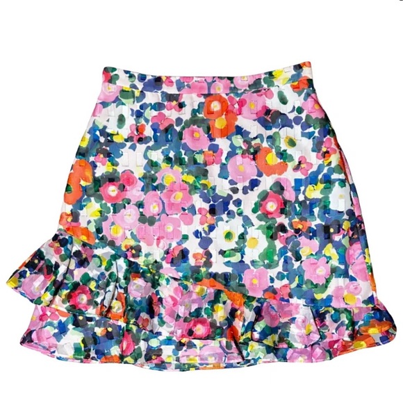 SALONI Cece Floral Print Mini Revolve
Ruffle Skirt in Pink Rosette Size US 4 - Picture 1 of 4